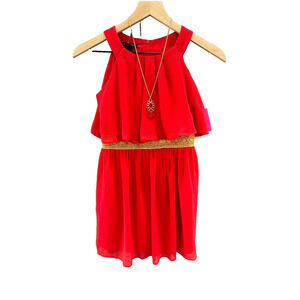 Amy Byer Girls Red Fit & Flare Dress Size 8 Sleeveless Gold Trim Necklace Accent